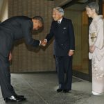 U.S. President Barack Obama is greeted by Japanese Emperor Akihito and Empress Michiko upon arrival at the Imperial Palace in Tokyo